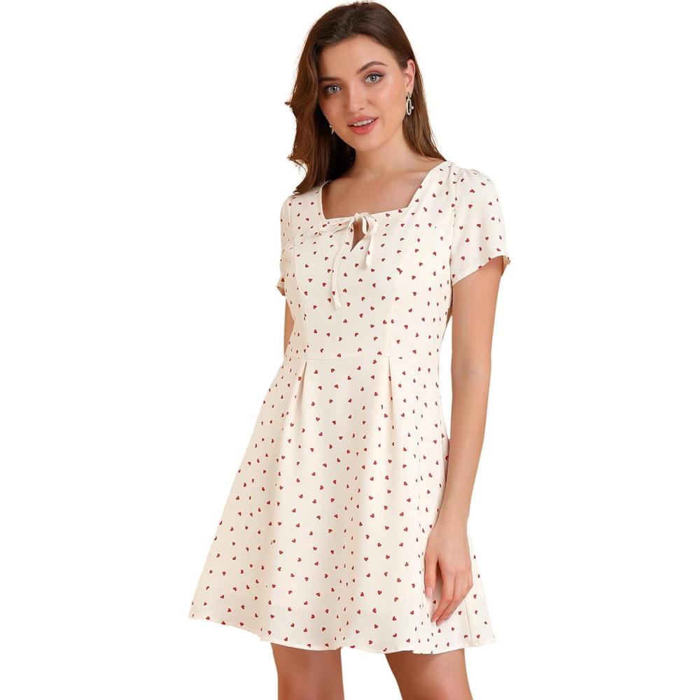 imageAllegra K Womens Printed Dress Summer 2025 Casual Square Neck Short Sleeve Fit and Flare DressesWhiteheart