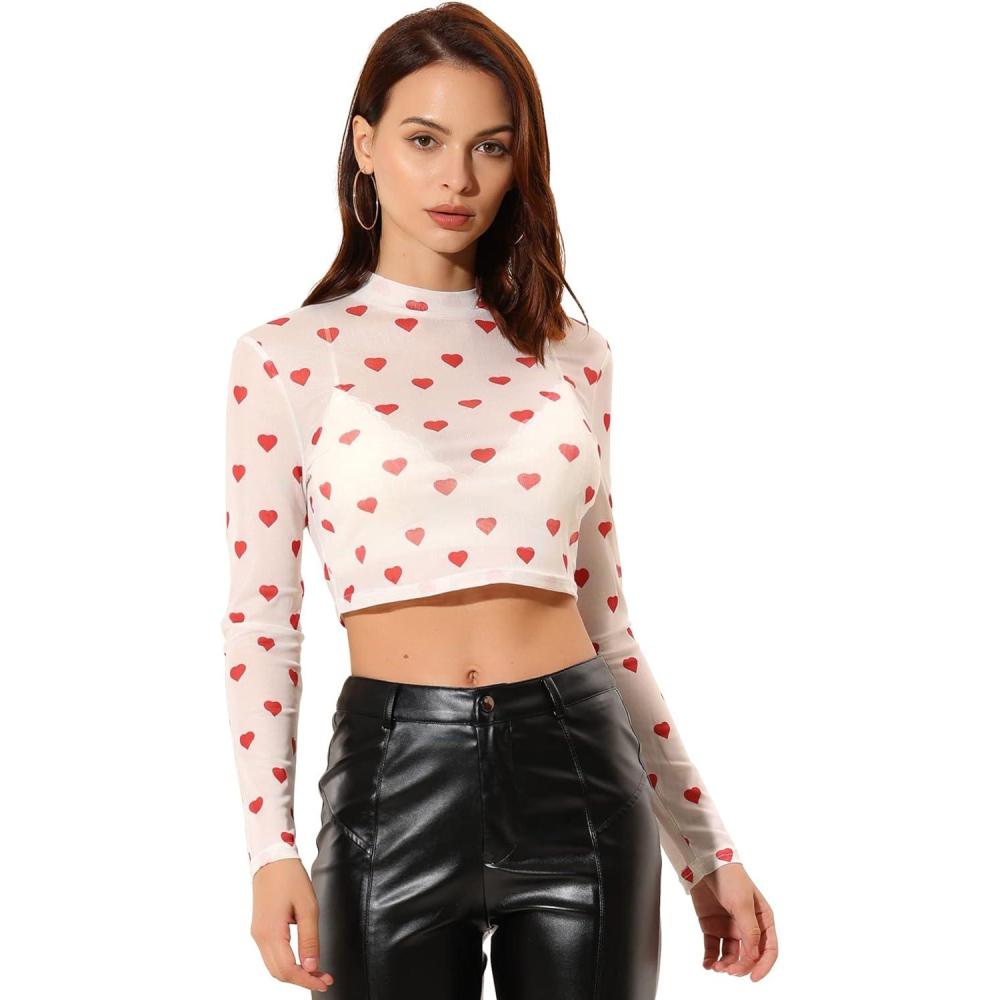 imageAllegra K Womens SemiSheer Sexy Blouse Heart Print Crop Tops Cocktail Party Mesh TopWhite