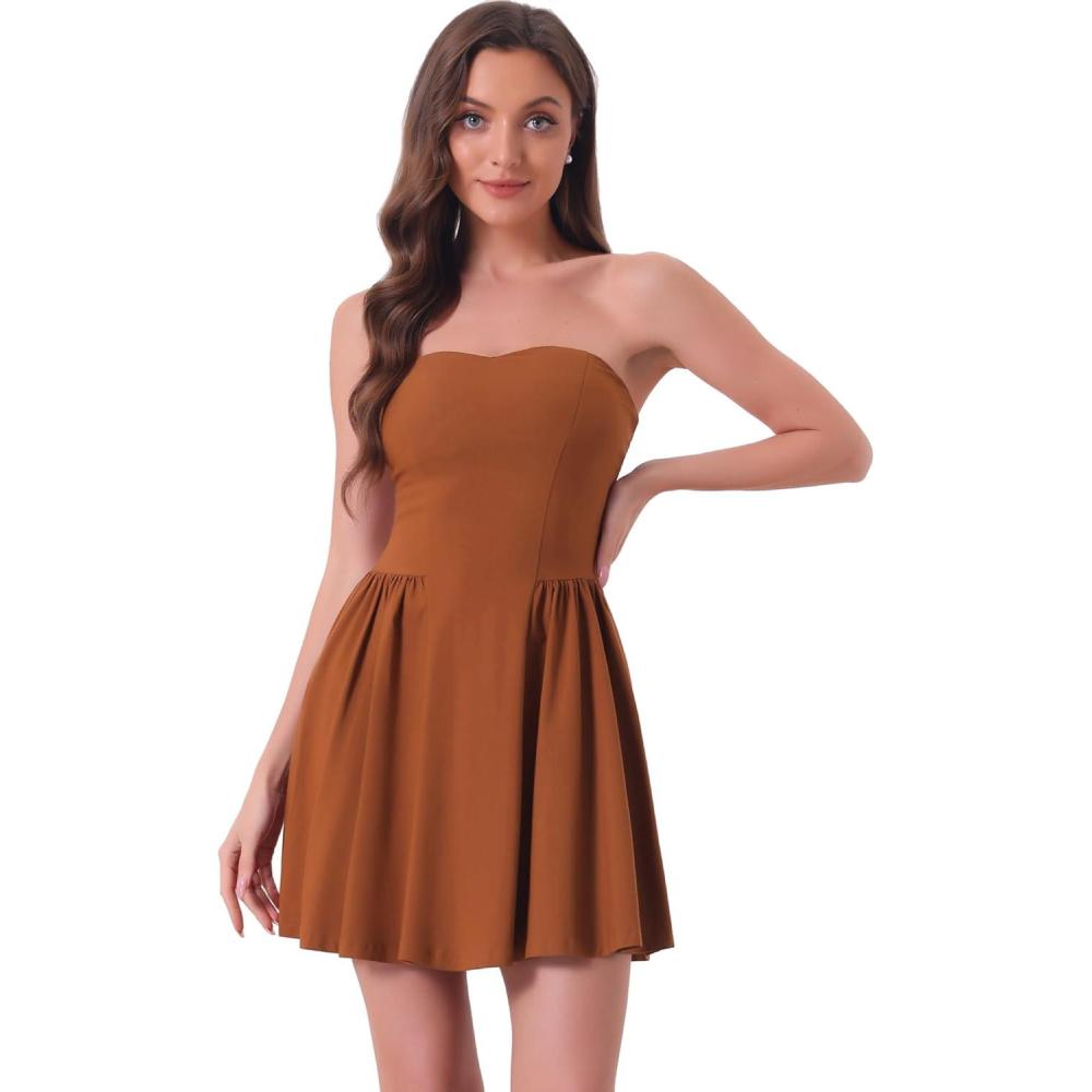 imageAllegra K Womens Sexy Strapless Party Dress Sweetheart Neck Off Shoulder Sleeveless Halloween Mini DressBrown