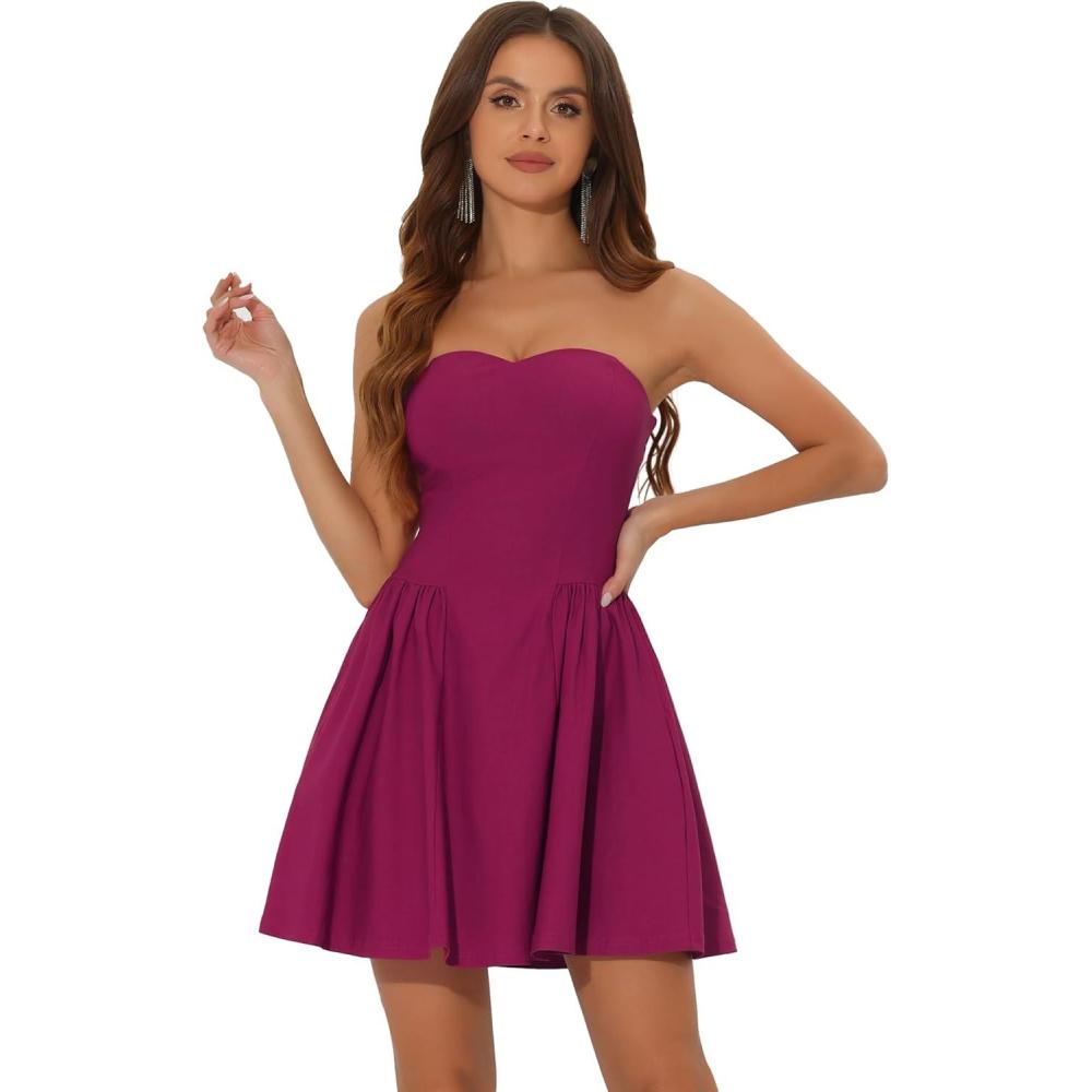 imageAllegra K Womens Sexy Strapless Party Dress Sweetheart Neck Off Shoulder Sleeveless Halloween Mini DressPurple Red