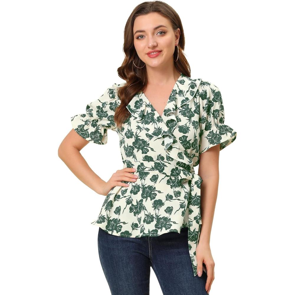 imageAllegra K Womens Wrap Peplum Top Blouse 2025 Summer Floral Short Sleeve Ruffle V Neck Belted ShirtsBeigegreen