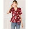imageAllegra K Womens Wrap Peplum Top Blouse 2025 Summer Floral Short Sleeve Ruffle V Neck Belted ShirtsRed