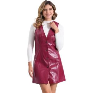 imageAllegra K Faux Leather Dress for Womens Pinafore Button Down V Neck Sleeveless Mini Overall DressesRed