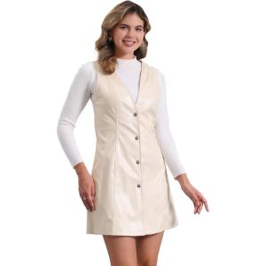 imageAllegra K Faux Leather Dress for Womens Pinafore Button Down V Neck Sleeveless Mini Overall DressesWhite