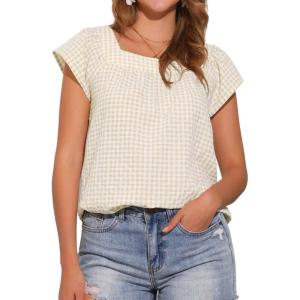 imageAllegra K Gingham Tops for Women Summer Cute Cap Sleeve Square Neck Plaid Shirts Casual BlousesApricot White