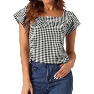 imageAllegra K Gingham Tops for Women Summer Cute Cap Sleeve Square Neck Plaid Shirts Casual BlousesBlack