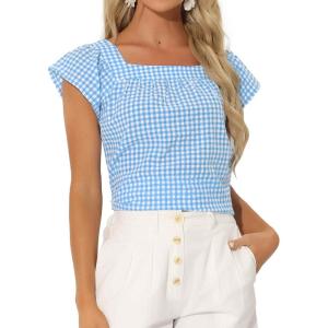 imageAllegra K Gingham Tops for Women Summer Cute Cap Sleeve Square Neck Plaid Shirts Casual BlousesBlue