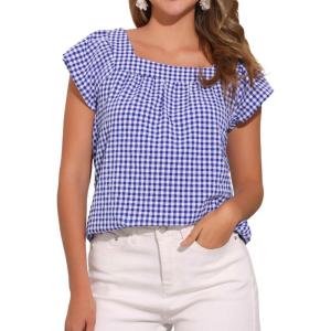 imageAllegra K Gingham Tops for Women Summer Cute Cap Sleeve Square Neck Plaid Shirts Casual BlousesBlue White