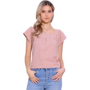 imageAllegra K Gingham Tops for Women Summer Cute Cap Sleeve Square Neck Plaid Shirts Casual BlousesCameo Brown