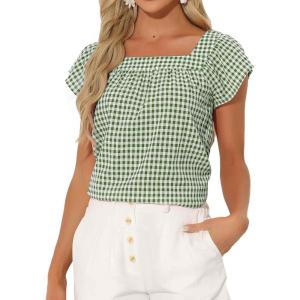 imageAllegra K Gingham Tops for Women Summer Cute Cap Sleeve Square Neck Plaid Shirts Casual BlousesGreen White