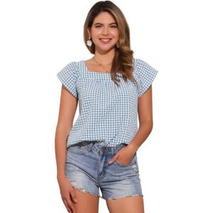imageAllegra K Gingham Tops for Women Summer Cute Cap Sleeve Square Neck Plaid Shirts Casual BlousesLake Blue