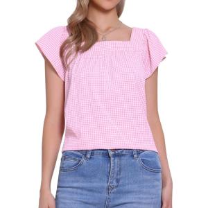 imageAllegra K Gingham Tops for Women Summer Cute Cap Sleeve Square Neck Plaid Shirts Casual BlousesPink