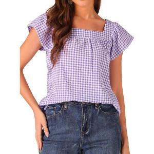 imageAllegra K Gingham Tops for Women Summer Cute Cap Sleeve Square Neck Plaid Shirts Casual BlousesPurple