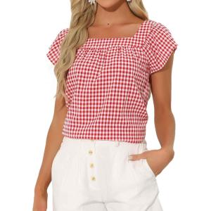imageAllegra K Gingham Tops for Women Summer Cute Cap Sleeve Square Neck Plaid Shirts Casual BlousesRed