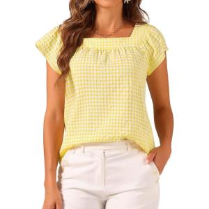 imageAllegra K Gingham Tops for Women Summer Cute Cap Sleeve Square Neck Plaid Shirts Casual BlousesYellow