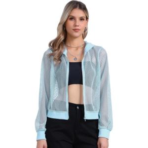 imageAllegra K Hoodie Jacket for Womens 2024 Zip Up Long Sleeve Mesh Sheer Bomber JacketsLight Blue