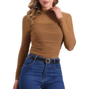 imageAllegra K Mesh Top Women Sheer Long Sleeve Mock Neck Slim Fit Shirts Trendy Fall Outfit Ruched Going Out TopsBrown
