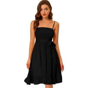 imageAllegra K Summer Boho Dress for Womens Smocked Spaghetti Strap Tie Waist Ruffle Beach Cami DressesBlack