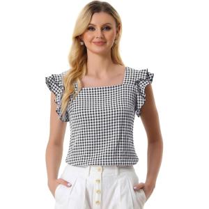 imageAllegra K Summer Gingham Tops for Womens Square Neck Ruffle Cap Sleeve BlousesBlack