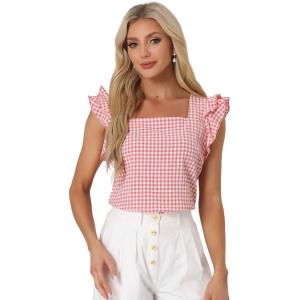 imageAllegra K Summer Gingham Tops for Womens Square Neck Ruffle Cap Sleeve BlousesPink