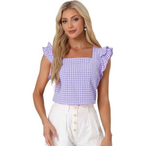 imageAllegra K Summer Gingham Tops for Womens Square Neck Ruffle Cap Sleeve BlousesPurple