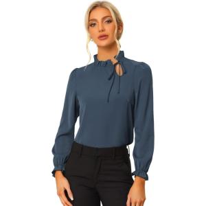 imageAllegra K Womens Fall Blouse 2025 Long Sleeve Ruffle Tie Neck Business Work TopDark Blue