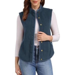 imageAllegra K Womens Fleece Vest Button Down Sleeveless Jacket with Pockets Oversized Fuzzy VestsDark Blue
