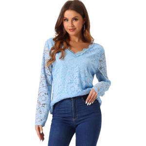 imageAllegra K Womens Floral Embroidery Sheer Long Sleeves Lace Blouse TopSky Blue