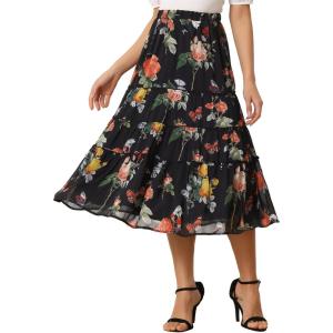 imageAllegra K Womens Floral Skirt Chiffon Aline Long Tiered Ruffle Boho Summer Midi SkirtsBlack Pink
