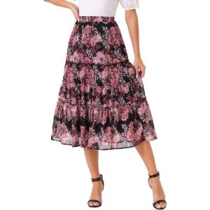 imageAllegra K Womens Floral Skirt Chiffon Aline Long Tiered Ruffle Boho Summer Midi SkirtsBlack Pinks