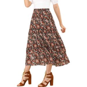 imageAllegra K Womens Floral Skirt Chiffon Aline Long Tiered Ruffle Boho Summer Midi SkirtsBlack Red
