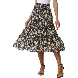 imageAllegra K Womens Floral Skirt Chiffon Aline Long Tiered Ruffle Boho Summer Midi SkirtsBlacks