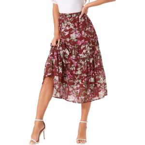 imageAllegra K Womens Floral Skirt Chiffon Aline Long Tiered Ruffle Boho Summer Midi SkirtsBurgundy