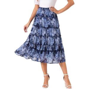 imageAllegra K Womens Floral Skirt Chiffon Aline Long Tiered Ruffle Boho Summer Midi SkirtsDeep Blue