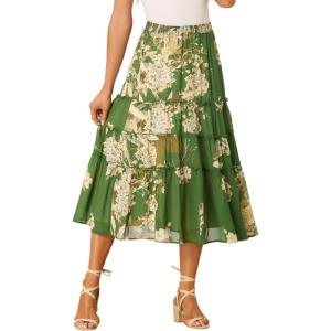imageAllegra K Womens Floral Skirt Chiffon Aline Long Tiered Ruffle Boho Summer Midi SkirtsDeep Green
