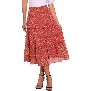 imageAllegra K Womens Floral Skirt Chiffon Aline Long Tiered Ruffle Boho Summer Midi SkirtsDeep Red