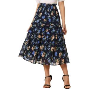 imageAllegra K Womens Floral Skirt Chiffon Aline Long Tiered Ruffle Boho Summer Midi SkirtsNavy