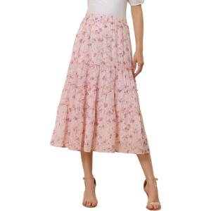 imageAllegra K Womens Floral Skirt Chiffon Aline Long Tiered Ruffle Boho Summer Midi SkirtsPink