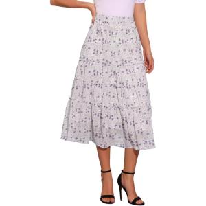 imageAllegra K Womens Floral Skirt Chiffon Aline Long Tiered Ruffle Boho Summer Midi SkirtsWhite Purple