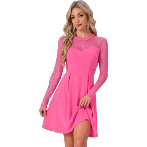 imageAllegra K Womens Heart Mesh Sheer Long Sleeve Gothic Cocktail Wedding Guest Skater Party Short DressHot Pink