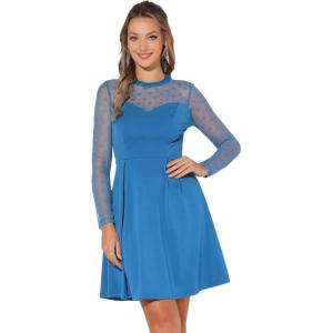 imageAllegra K Womens Heart Mesh Sheer Long Sleeve Gothic Cocktail Wedding Guest Skater Party Short DressPeacock Blue