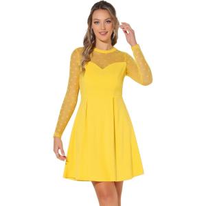 imageAllegra K Womens Heart Mesh Sheer Long Sleeve Gothic Cocktail Wedding Guest Skater Party Short DressYellow