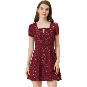 imageAllegra K Womens Printed Dress Summer 2025 Casual Square Neck Short Sleeve Fit and Flare DressesBurgundystars