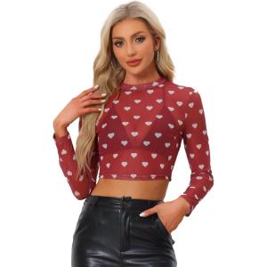 imageAllegra K Womens SemiSheer Sexy Blouse Heart Print Crop Tops Cocktail Party Mesh TopRed
