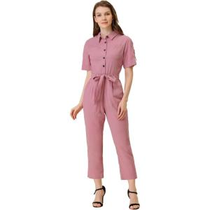 imageAllegra K Womens Short Sleeve Collared Cropped Coverall Button Down Tie Waist Cotton Cargo JumpsuitPink