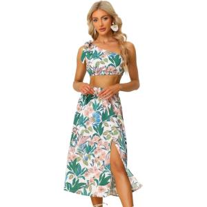 imageAllegra K Womens Summer 2 Piece Outfit Floral Printed Crop Tube Tops and Split Long Skirt SetGreen