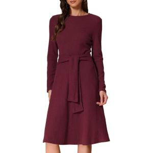 imageAllegra K Womens Sweater Dress Long Sleeve A Line Tie Waist Ribbed Knit DressesBurgundy