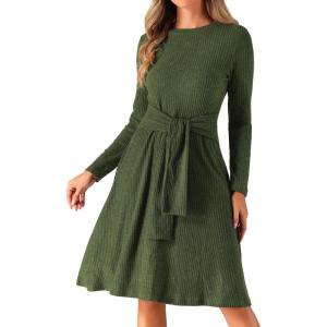 imageAllegra K Womens Sweater Dress Long Sleeve A Line Tie Waist Ribbed Knit DressesDark Green