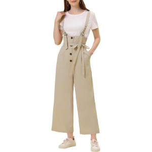imageAllegra K Womens Wide Leg Overalls Loose Fit Belted High Waist Suspenders JumpsuitsBeige