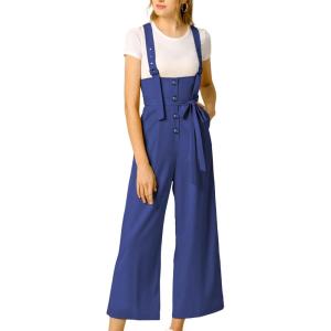imageAllegra K Womens Wide Leg Overalls Loose Fit Belted High Waist Suspenders JumpsuitsBlue